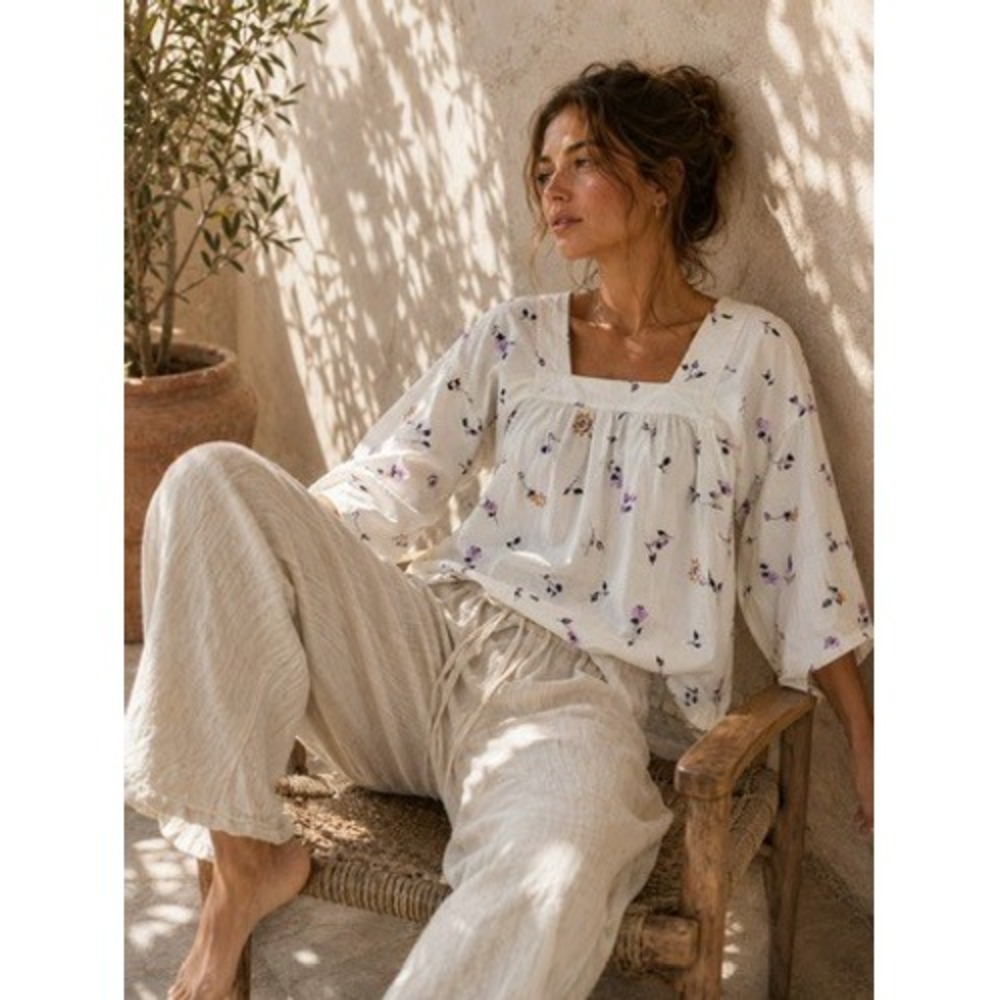 Madewell Womens White Floral Cotton Square Neck Peasant Blouse Small S